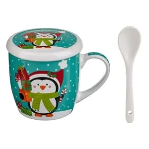 Set Cana de Craciun Pinguin cu Cadouri cu Capac și Lingură