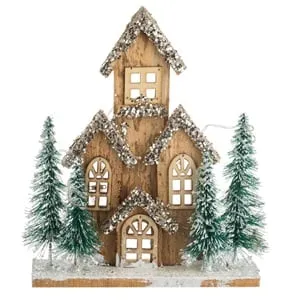 Decoratiune Casa de Craciun din Lemn cu Brazi Glitter și Lumini LED