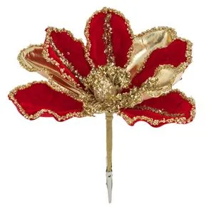 Ornament de Crăciun Floare Catifelate Roșii cu Margele Aurii și Clips 20cm