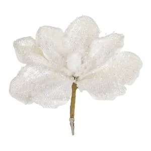Floare decorativa de Craciun, alba, cu margele transparente si glitter, clips, 20 cm