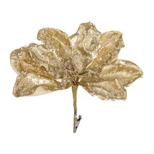 Floare decorativa de Craciun aurie cu margele transparente si glitter, cu clips, 20 cm