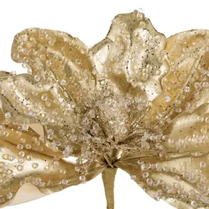 Floare decorativă de Crăciun aurie cu mărgele și glitter, 20 cm – poza 3