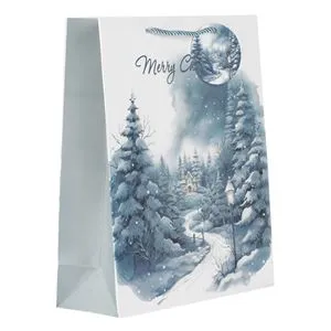 Sacou Cadou de Craciun cu Peisaj Inzapezit Bleu si Glitter