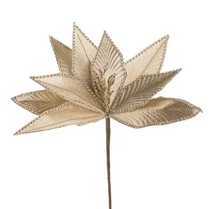 Floare Decorativa de Craciun Bej Sampanie cu Margele Glitter