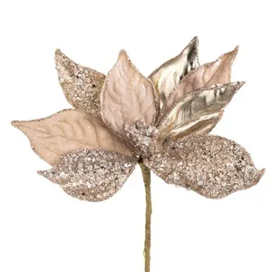 Floare artificiale de Crăciun bej catifelate cu glitter