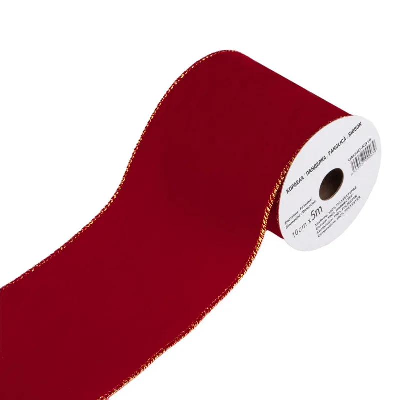 Panglică decorativă catifelată pentru brad de Crăciun, roșie cu margine aurie, 5 m x 100 mm
