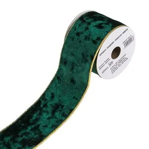 Panglică decorativă de Crăciun, catifelată, 2 culori (verde și auriu), 5m x 63mm