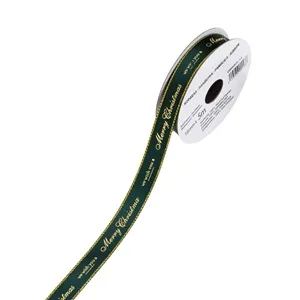 Panglică decorativă de Crăciun verde cu modele aurii „Merry Christmas” 5m x 16mm – poza 2