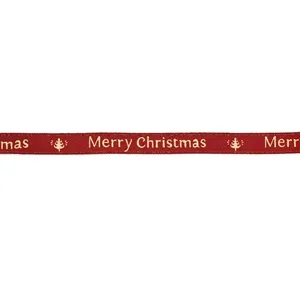 Panglică decorativă roșie cu brazi aurii și mesaj „Merry Christmas” 5m x 9mm – poza 3