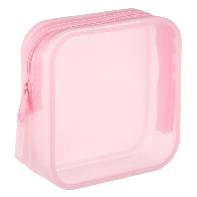 Portfard transparent din silicon roz cu maner și fermoar