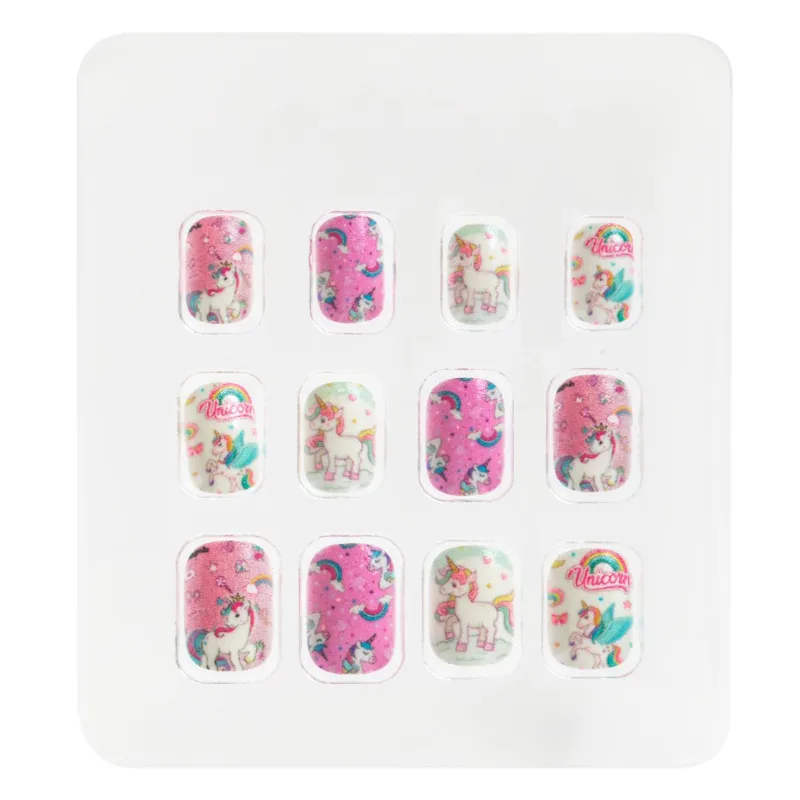 Unghii False Adezive pentru Copii, Roz cu Alb, Design Unicorn și Glitter, 12 bucăți