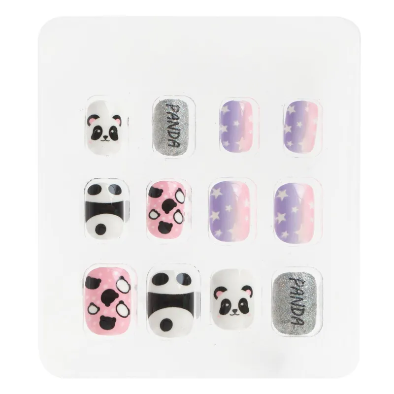 Unghii False Copii Panda: Design Albe Roz Negre cu Glitter