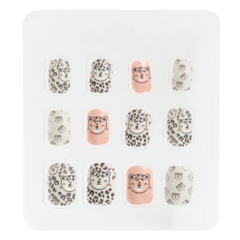 Unghii false pentru copii, albe și roz cu glitter și model pisică leopard