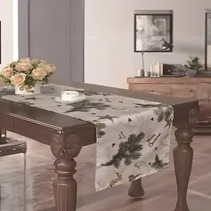 Runner Decorativ de Crăciun Gri Bej cu Brad și Stele