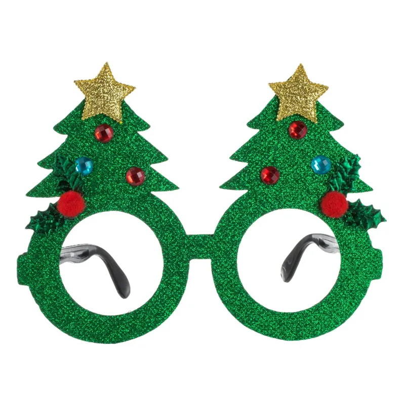 Ochelari Deghizare Crăciun Copac Glitter Verde cu Strass și Stele Aurii