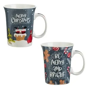 Set Cani Ceramice Gri Mos Craciun cu Om de Turta Dulce