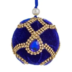 Ornament Brad de Craciun Glob Albastru Catifelat cu Strass & Cristale