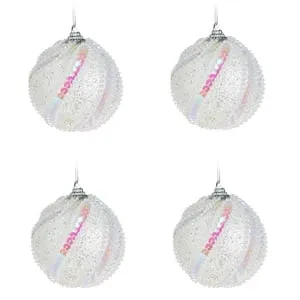 Set Globuri de Craciun Albe cu Glitter Argintiu și Paiete Holografice