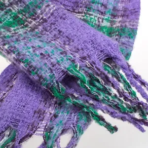 Fular în carouri cu franjuri lungi, Lila și Verde, 185x30 cm – poza 3