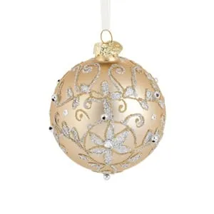 Ornament Glob de Craciun Bej Mat cu Glitter Argintiu Ø8cm