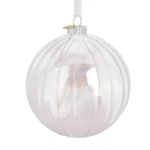 Ornament Brad de Craciun Glob din Sticla Transparenta cu Dunga Reliefata & Pana Ø10cm