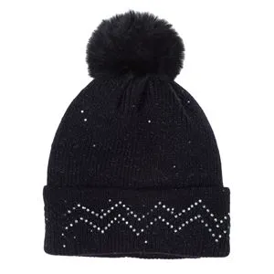 Caciula Tricotata Neagra cu Strass Captuseala & Pompon pentru Femei