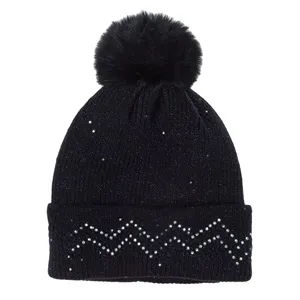 Caciula Tricotata Neagra cu Strass Captuseala & Pompon pentru Femei – poza 2