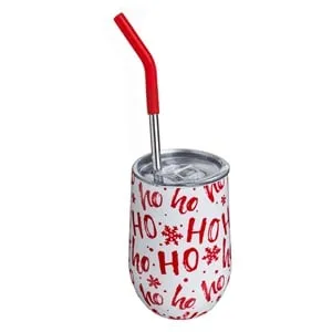 Pahar izoterm metalic alb cu imprimeu festiv HO HO pentru băuturi calde și reci