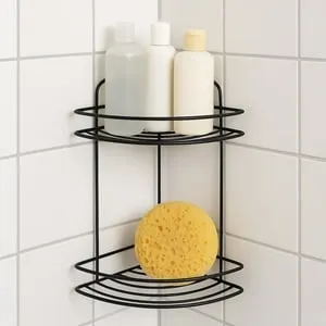 Raft Metalic Negru de Colt cu 2 Nivele pentru Baie 20x20x34.5cm