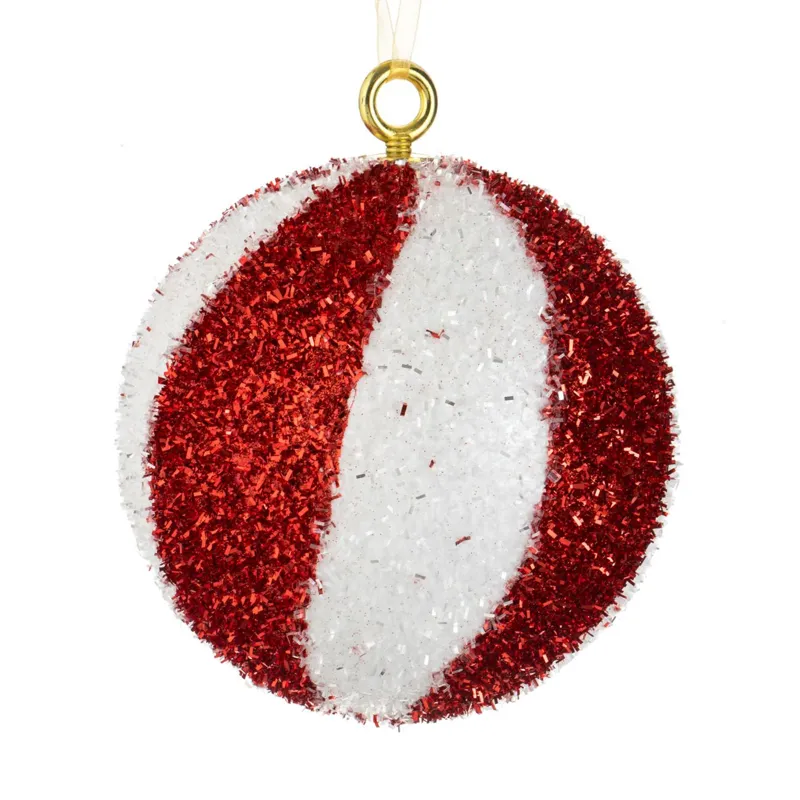 Ornament Brad de Craciun Glob din Spuma Rosu cu Dungi Candy 12cm