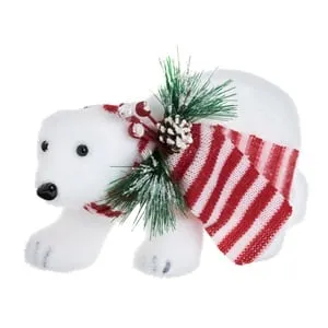 Figurina Decorativa de Caciun Urs Polar din Spuma Alba cu Fular cu Dungi Vasc 21cm