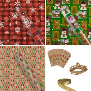 Set Hârtie de Ambalat de Crăciun, Multicolor, 150x70 cm, cu Panglici, Sfoară și 6 Felicitări