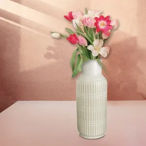 Vază decorativă de podea, ceramică, culoarea nisipului, dungi reliefate, Ø19x48cm – poza 3