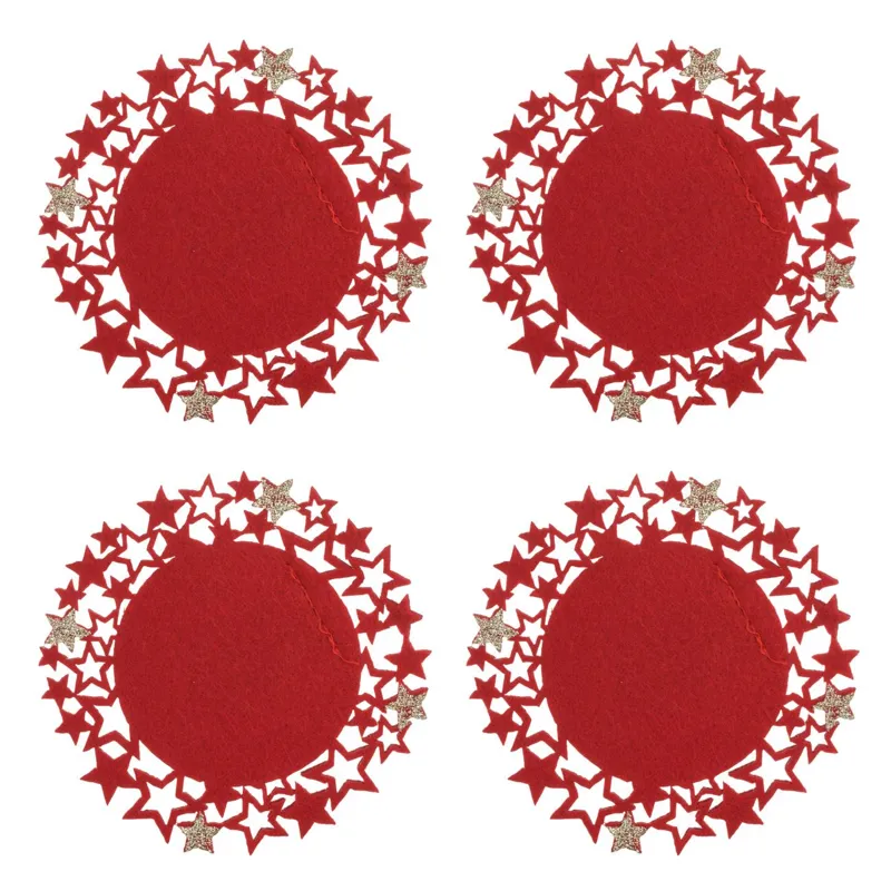 Set Suporturi Decorative Pahare din Feltru Rosu cu Stele și Glitter