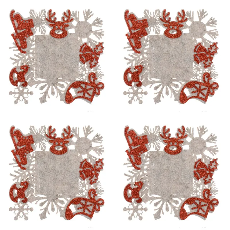 Set Suporturi Decorative de Crăciun din Fetru Bej Gri cu Fulgi Glitter Rosu