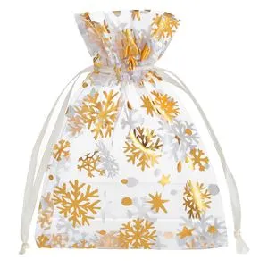Saculet Cadou de Craciun Transparent Organza cu Fulgi Aurii, 10x13cm