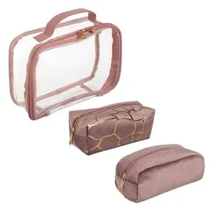 Set 3 portfarduri transparente roz nude cu modele aurii