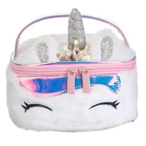 Portfard Unicorn 3D cu Blană Albă și Glitter Holografic pentru Copii