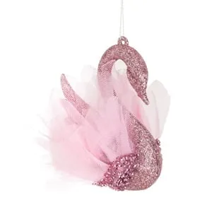 Ornament Lebadă Roz cu Glitter Tul și Pene pentru Brad de Crăciun