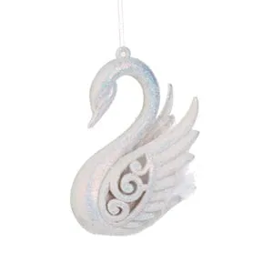 Ornament Brad de Craciun Lebada Alba cu Glitter Irizat si Pene