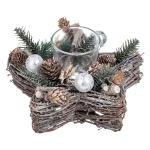 Suport Decorativ Stea Craciun din Lemn cu Globuri Argintii