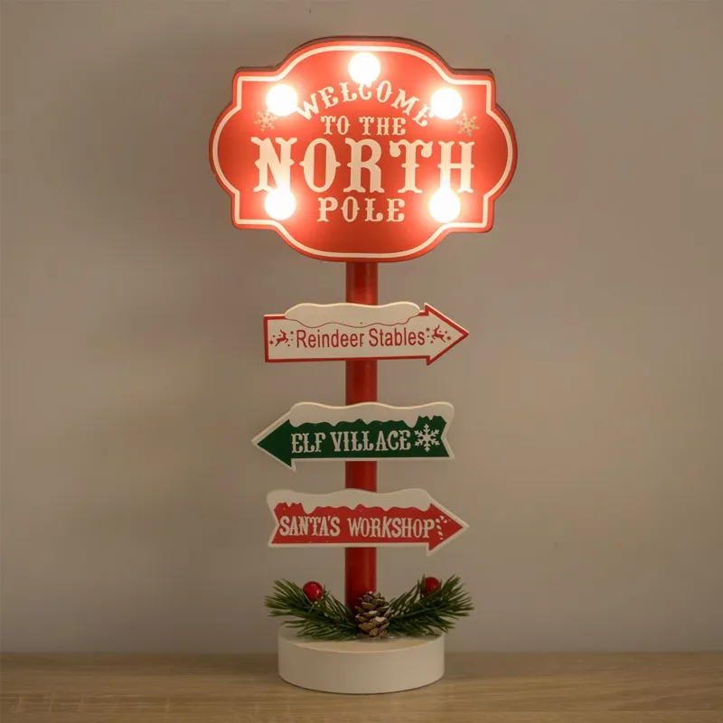 Tabela Decorativa de Craciun din Lemn Rosie "North Pole" cu Funda & Lumina 30.5cm
