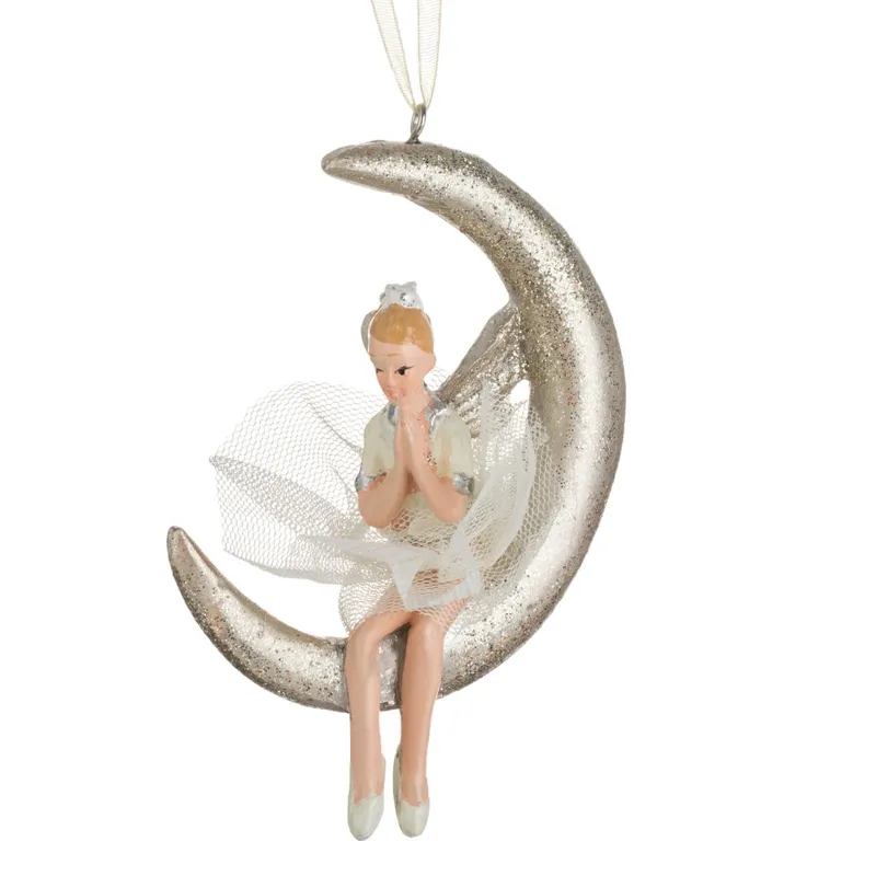 Ornament Crăciun Balerină Lună Alb-Auriu 11cm Polirasină