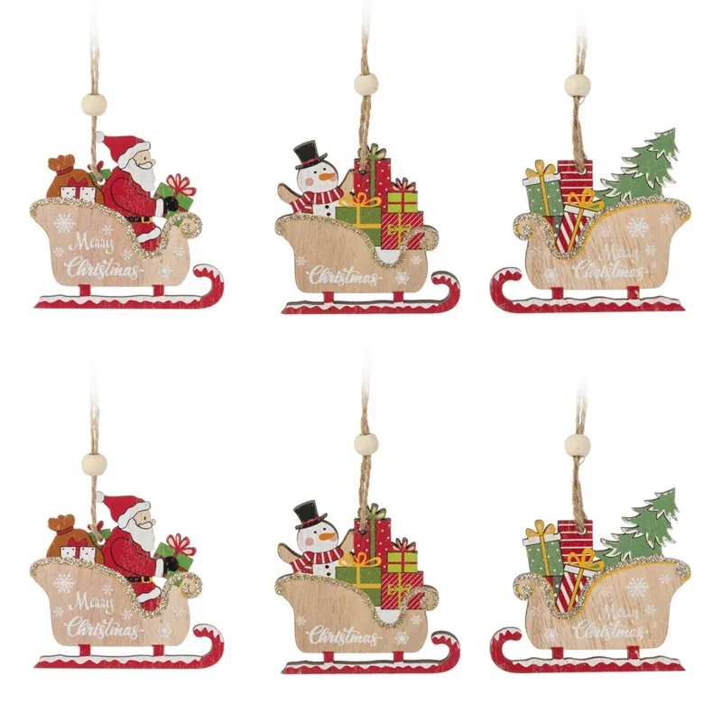 Set Ornamente Crăciun cu Moș Crăciun și Om de Zăpadă în Sanie din Lemn