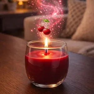 Lumanare parfumata rosie cu aroma de cireșe în recipient de sticlă