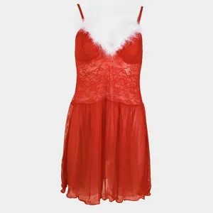 Lenjerie Intima Baby Doll de Craciun cu Dantela și Puf Alb pentru Femei – poza 2