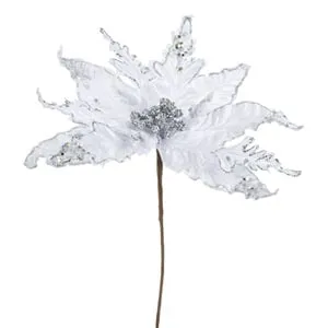Floră decorativă de Crăciun albă, catifelată cu glitter argintiu 32cm