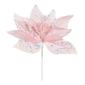 Floare decorativă de Crăciun roz cu glitter irizat