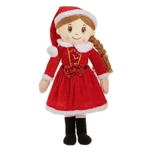 Papusă textilă în costumul lui Moș Crăciun cu caciulă