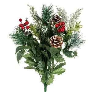 Buchet cu Flori Artificiale de Craciun Ramuri de Pin Conuri Pomusoare Ninse Glitter Argintiu 49cm